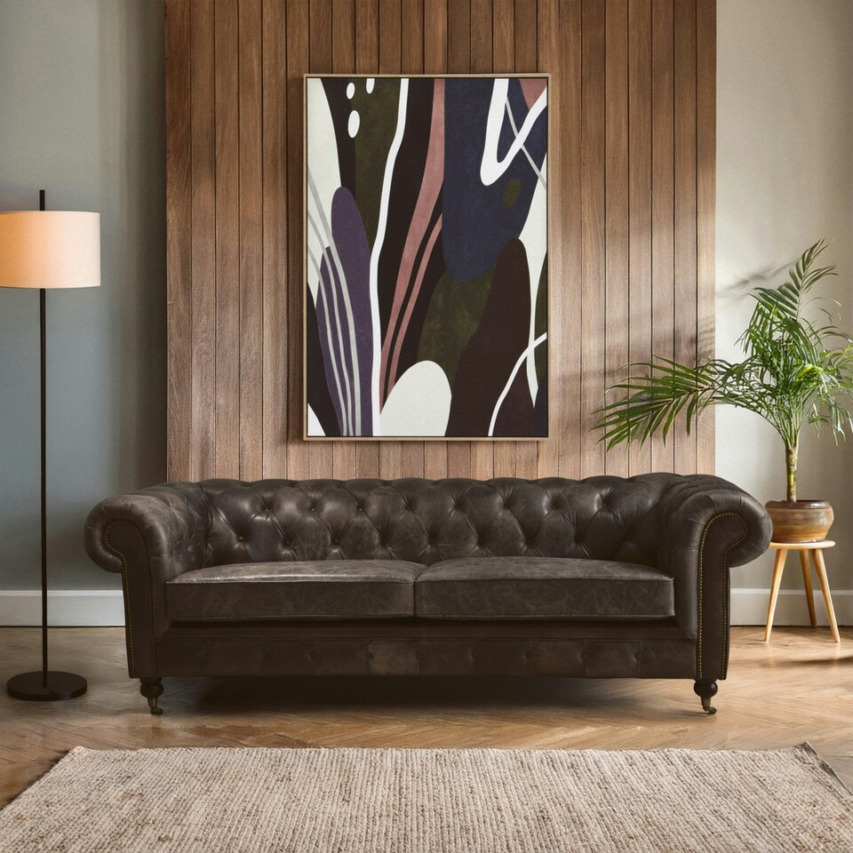 image 1 of Dark Grey Leather Chesterfield Sofa, 3-Seater Sofa With Carved Walnut Feet,Lounge Sofa,Button-Tufted Couch Grey