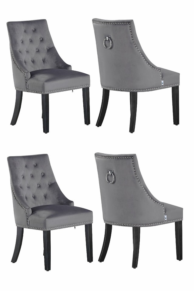 image 1 of Set of 4 Dark Grey Windsor  Velvet Dining Chair Ergonomic Scoop Knockerback & Button Tufted Wood Legs | Grey | Dark Grey