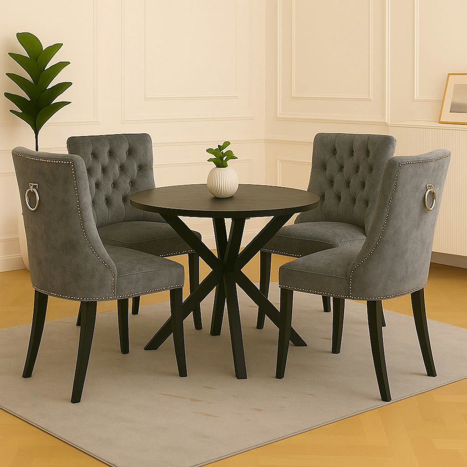image 1 of Dark Grey Set of Four Studded Velvet Dining Chair with Ring Knocker Detail Grey | Dark Grey
