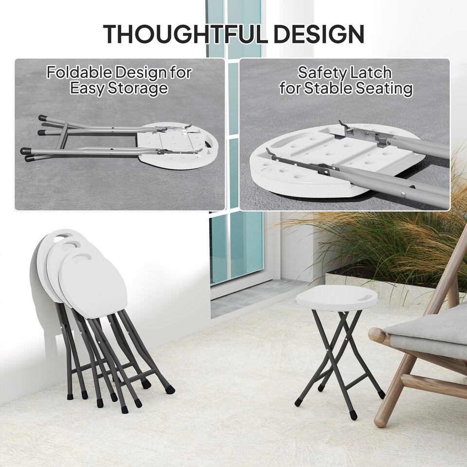 image 1 of Outsunny Folding Stool Set of 4, Decorative Garden Stool Chair with Safety Latch, Foldable Garden Stools with Powder-Coated Steel Legs HDPE Seat and Handle for Indoor and Outdoor, White | White | White