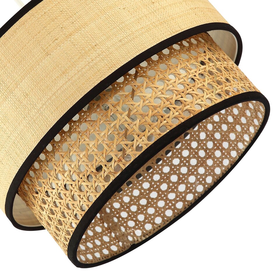 image 1 of Modern Double Tier Real Natural Rattan Pendant Shade with Black Trims | Brown | Brown | 1