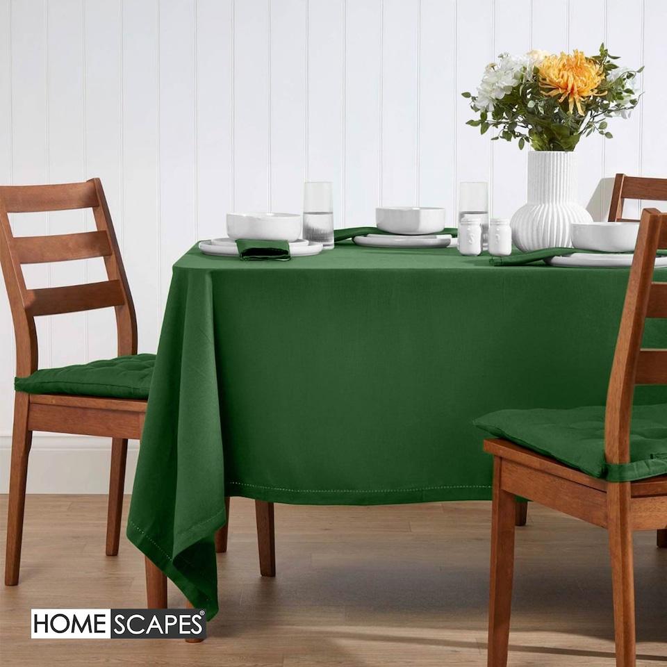 image 1 of Homescapes Plain Cotton Dark Green Tablecloth - 137 x 137 cm | Green | 137cm x 137cm (54" x 54")