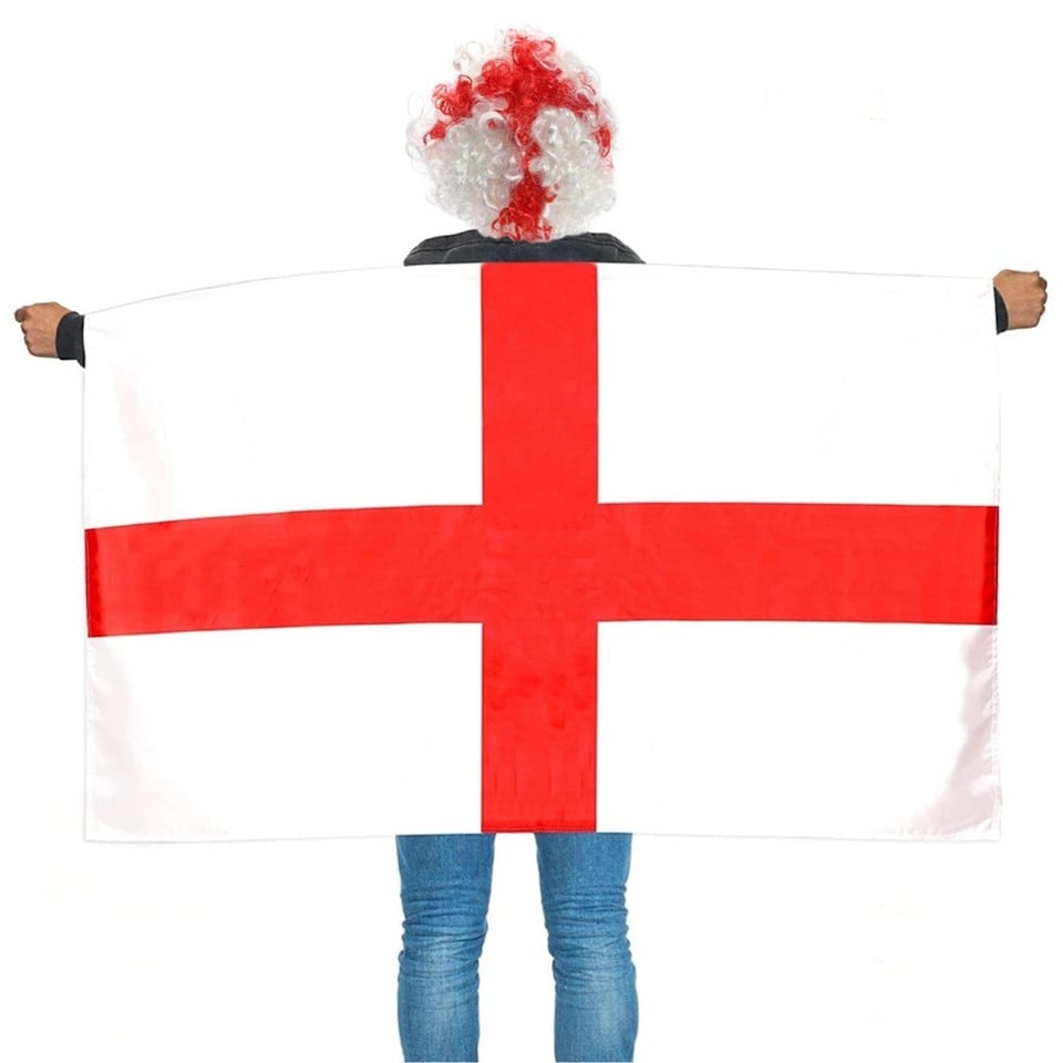 image 1 of Pack of 1 Red & White England Curly Wig & Flag Cape Red | One Size