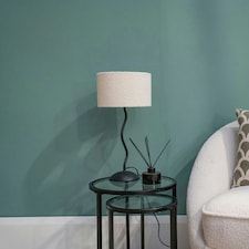 ValueLights Black Metal Wavy Single Stem Table Lamp with a Cream Boucle Drum Shade