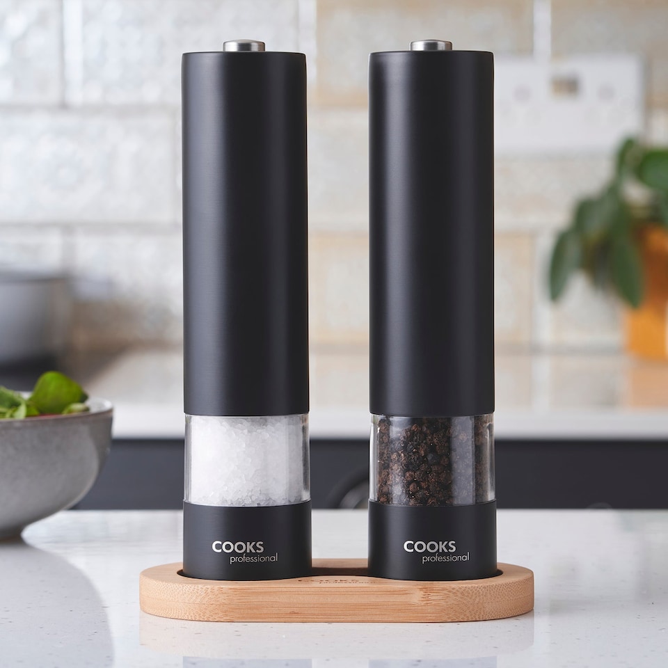 image 1 of Cooks Professional Electric Salt & Pepper Mill Set with Bamboo Base | Black | 2