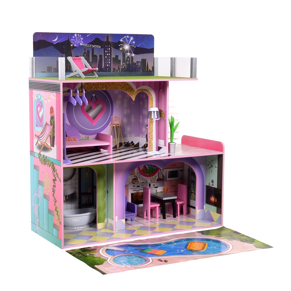 image 1 of Teamson Kids Wooden Dollhouse, 3 Levels and 16 Accessories, Dreamland Sunset