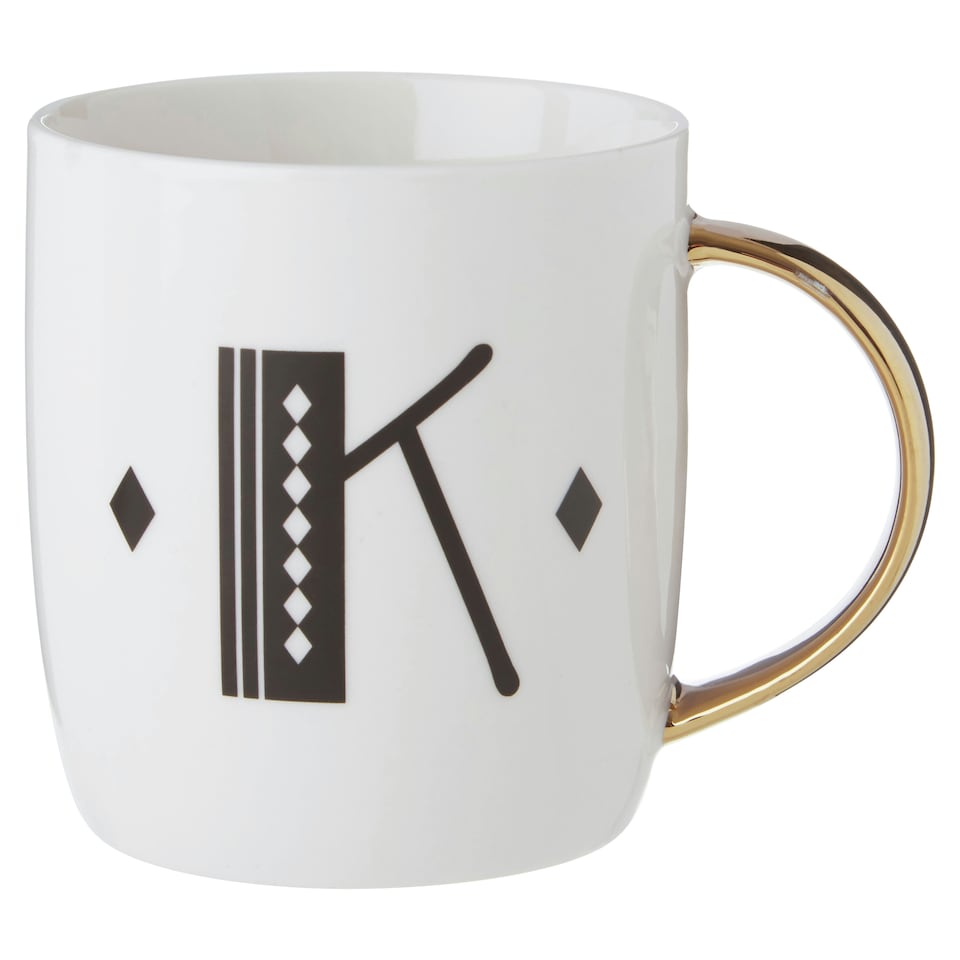 image 1 of Interiors By Premier Diamond Deco K Letter Monogram Mug,Durable Bone China Coffee Mug,Reusable Coffee Cup With Gold Finish Handle