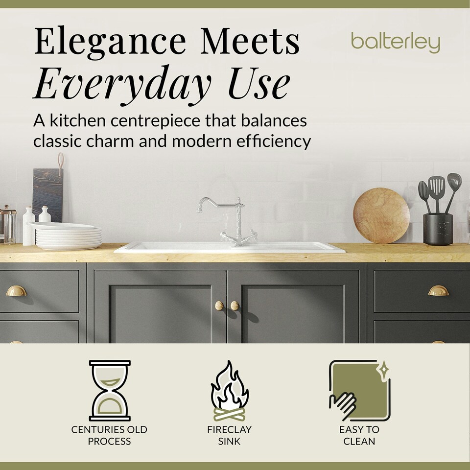 image 1 of Single Bowl Fireclay Inset Kitchen Sink & Drainer, Classic Tap & Wastes, 1010mm