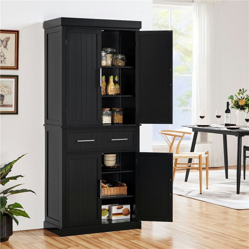 image 1 of Yaheetech Tall Pantry Cupboard with Doors and Adjustable Shelves Black