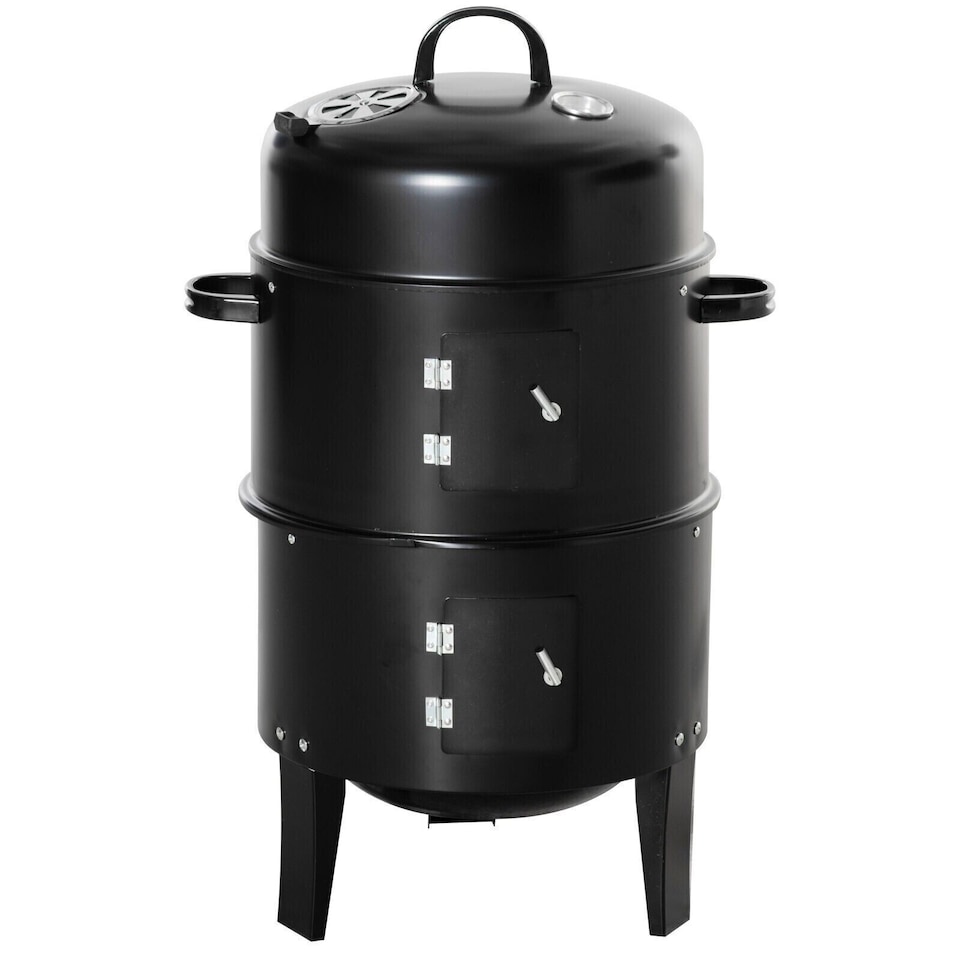 image 1 of 3 in 1 Charcoal Smoker BBQ Grill with Thermometer Outdoor Barbecue Cooker Garden Patio Smoker Camping Charcoal Grill Portable BBQ