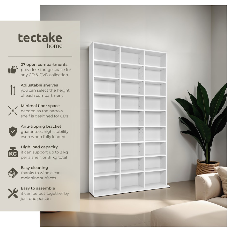 image 1 of CD Shelf Unit Christel - 27 compartments for up to 1080 CDs | White | white | 102 x 23,50 x 180 cm | 1