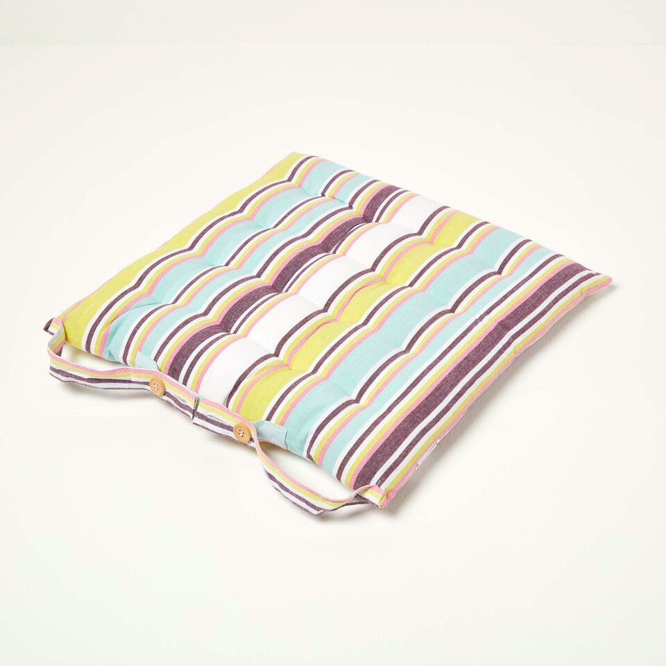 image 1 of Homescapes Seat Pad Luxury 100% Cotton Stripe Indoor Outdoor Garden Dining Cushion Green | 40 x 40 cm