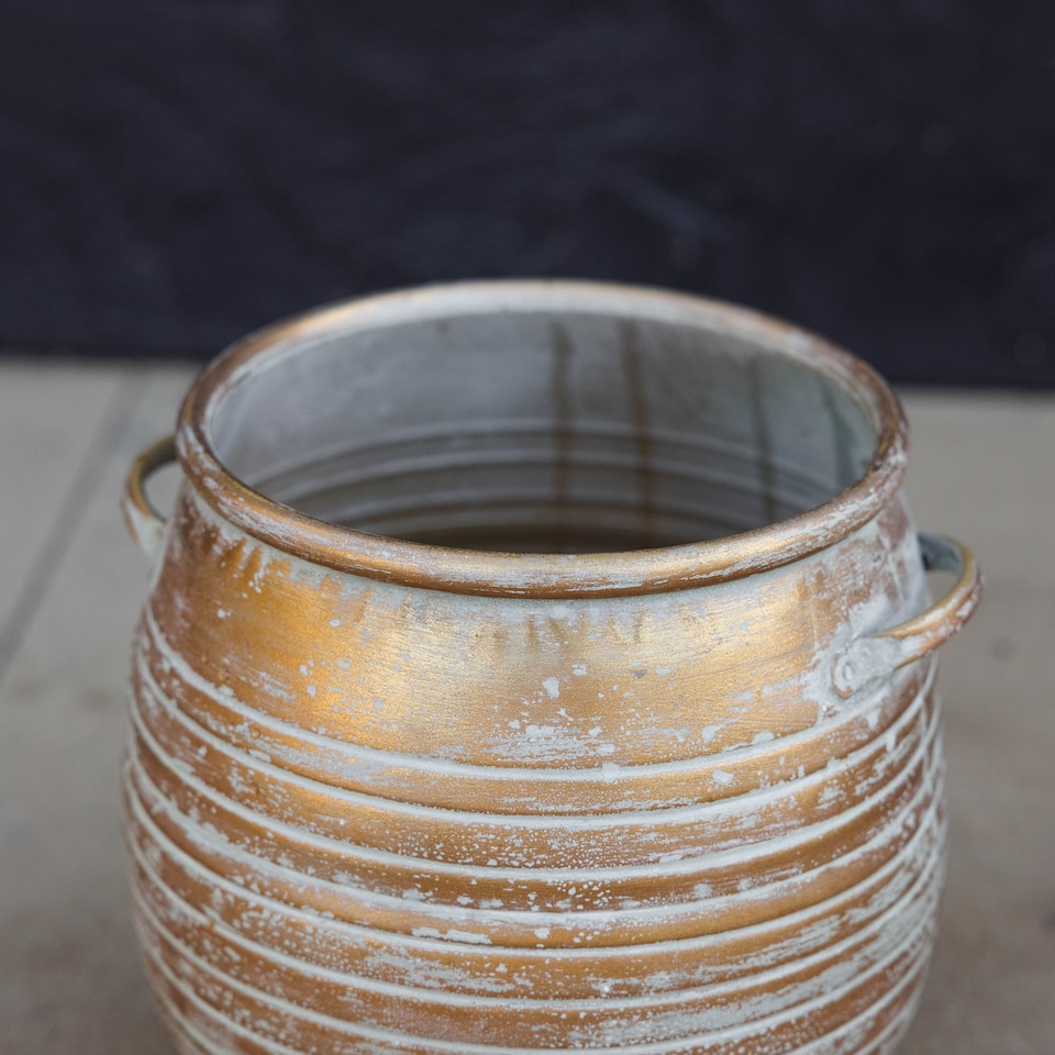 image 1 of Golden Decorative Metal Banded Rustic Aged Effect Planter 24cm | Gold | Gold