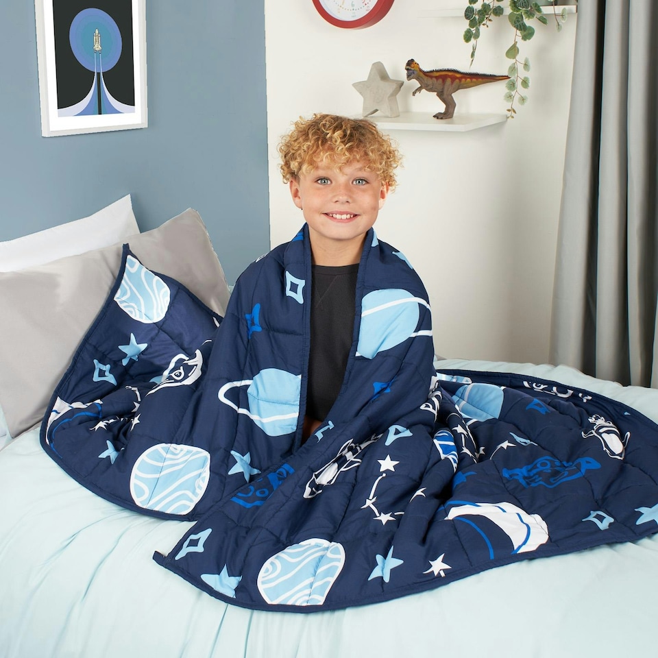 image 1 of OHS Kids 3kg Space Weighted Blanket Teddy Fleece Sensory Anxiety Sleep Therapy, 110x150cm - Navy Blue
