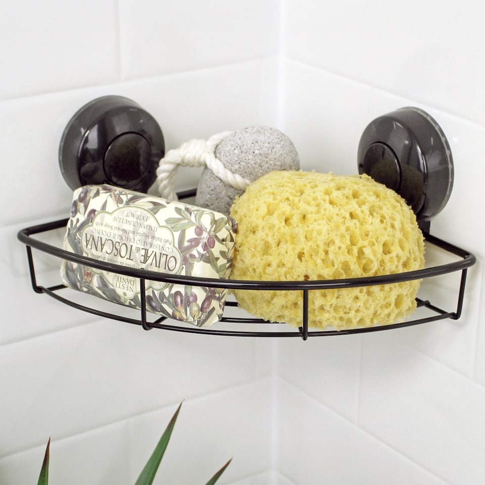 image 1 of Showerdrape Suctionloc Black Suction Wall Mounted Corner Basket with Mounting Discs | Black | 1