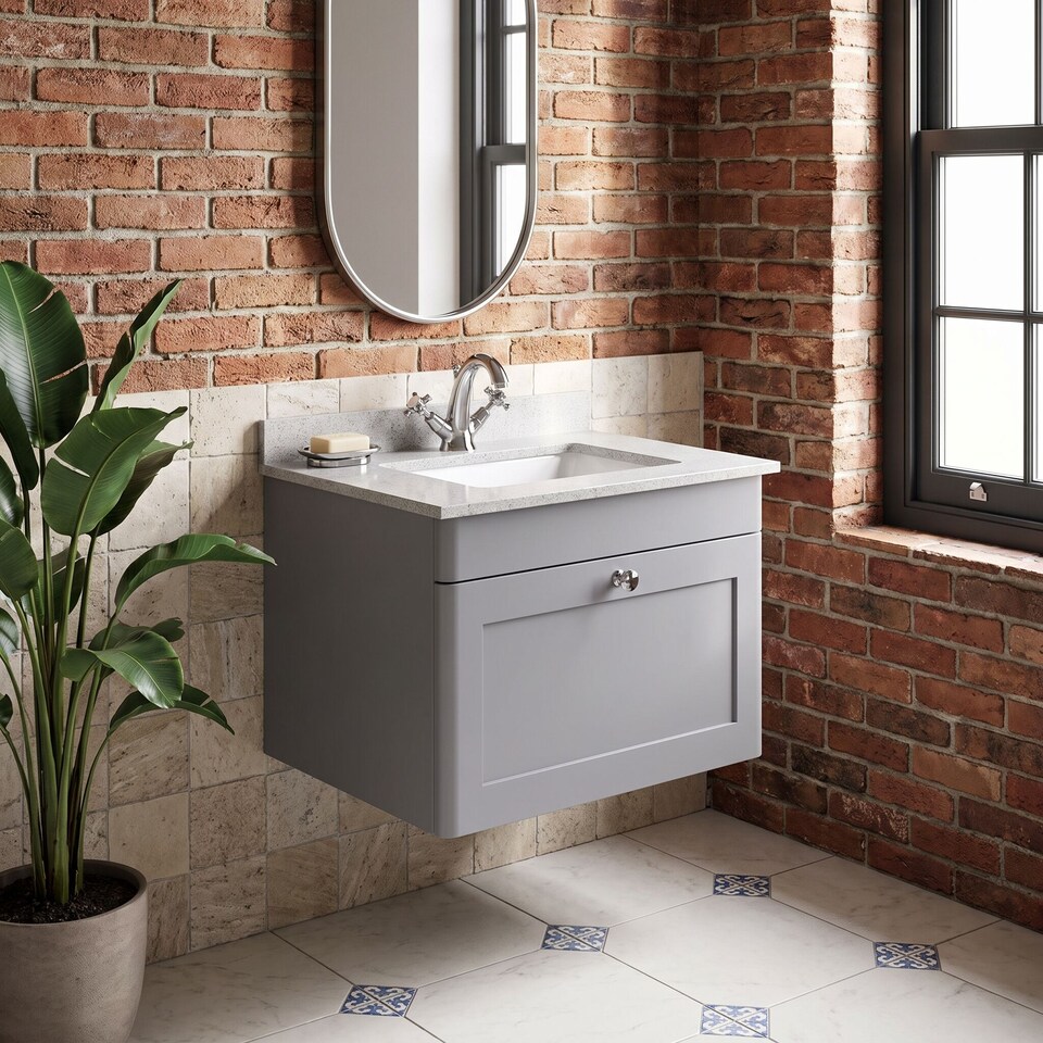 image 1 of Balterley Swynnerton Traditional 1 Drawer Wall Hung Vanity Unit with Marble Basin, Satin Grey, 600mm