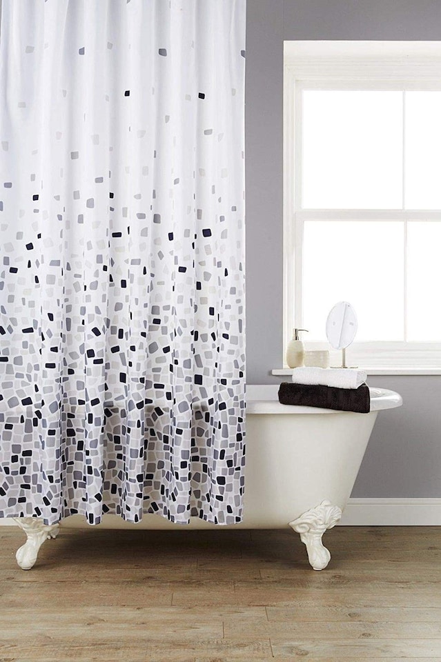 KAV Shower Curtain Fabric Water Proof Extra Full Bath Coverage 220cmx180cm 100 Percent Polyester Weighted Hem (Mosaic Grey/White)