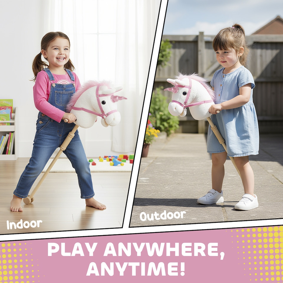 image 1 of AIYAPLAY Stick Horse w Wood Wheels, Pony Neighing, Galloping Sounds White