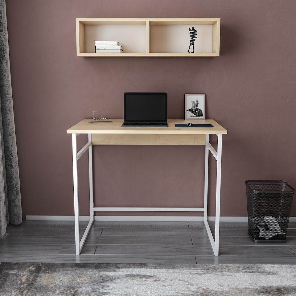 image 1 of Decorotika Hussum Metal Frame Computer Desk with Wall Shelf - 90 cm W x 75 cm H x 60 cm D