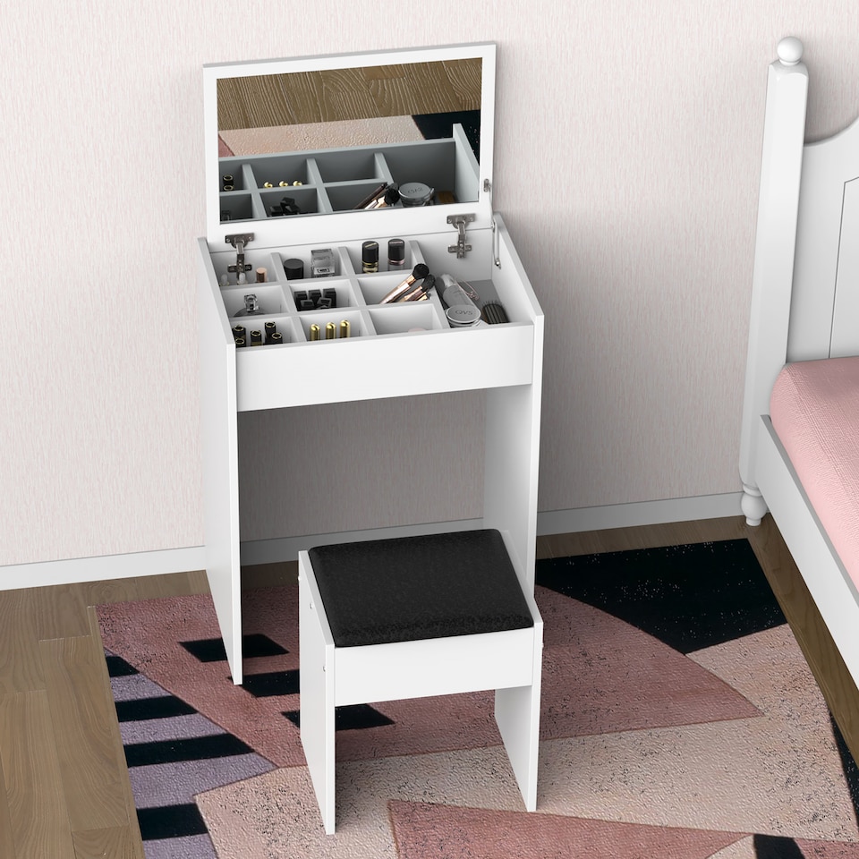 image 1 of HOMCOM Dressing Table with Mirror and Stool, Vanity Makeup Table with Flip Up Mirror, Vanity Desk with Storage Unit and Padded Seat, White