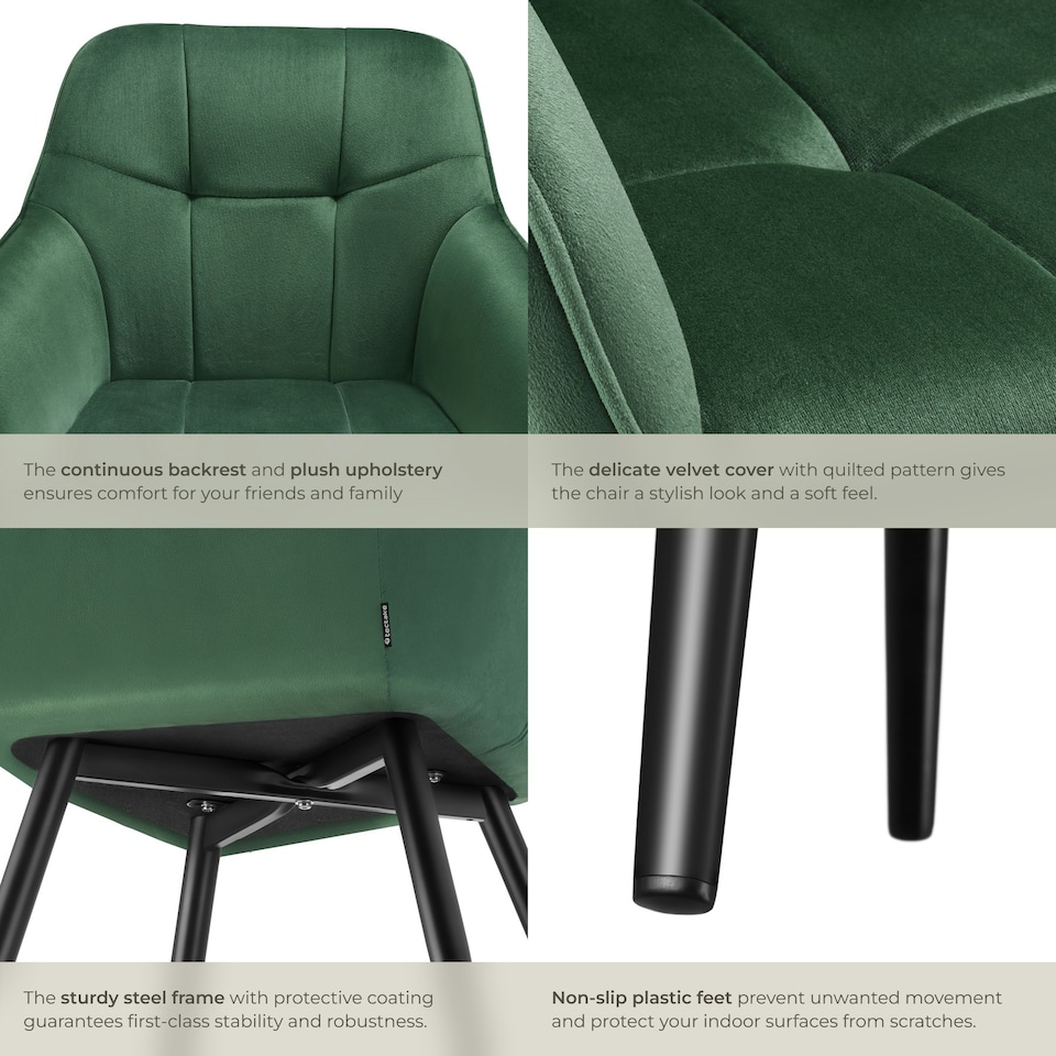 image 1 of Dining Chair Marilyn - velvet look, quilted pattern - per piece Green | Dark Green/Black