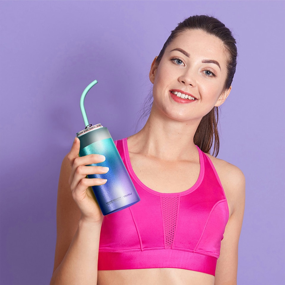 image 1 of Asobu Skinny Can Kuzie Insulated Stainless Steel Sleeve 350ml Unicorn/Teal