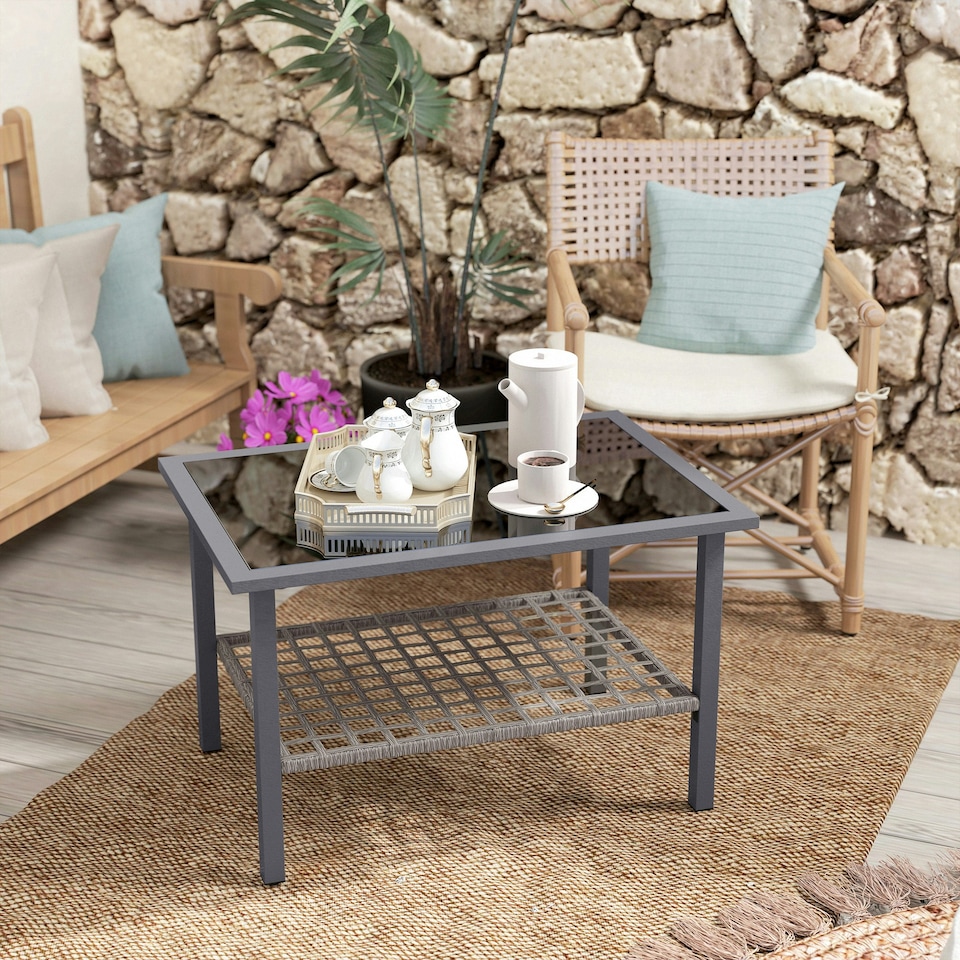 image 1 of Outsunny Outdoor Rattan Coffee Table, Rectangular Tea Side Table, Mixed-grey