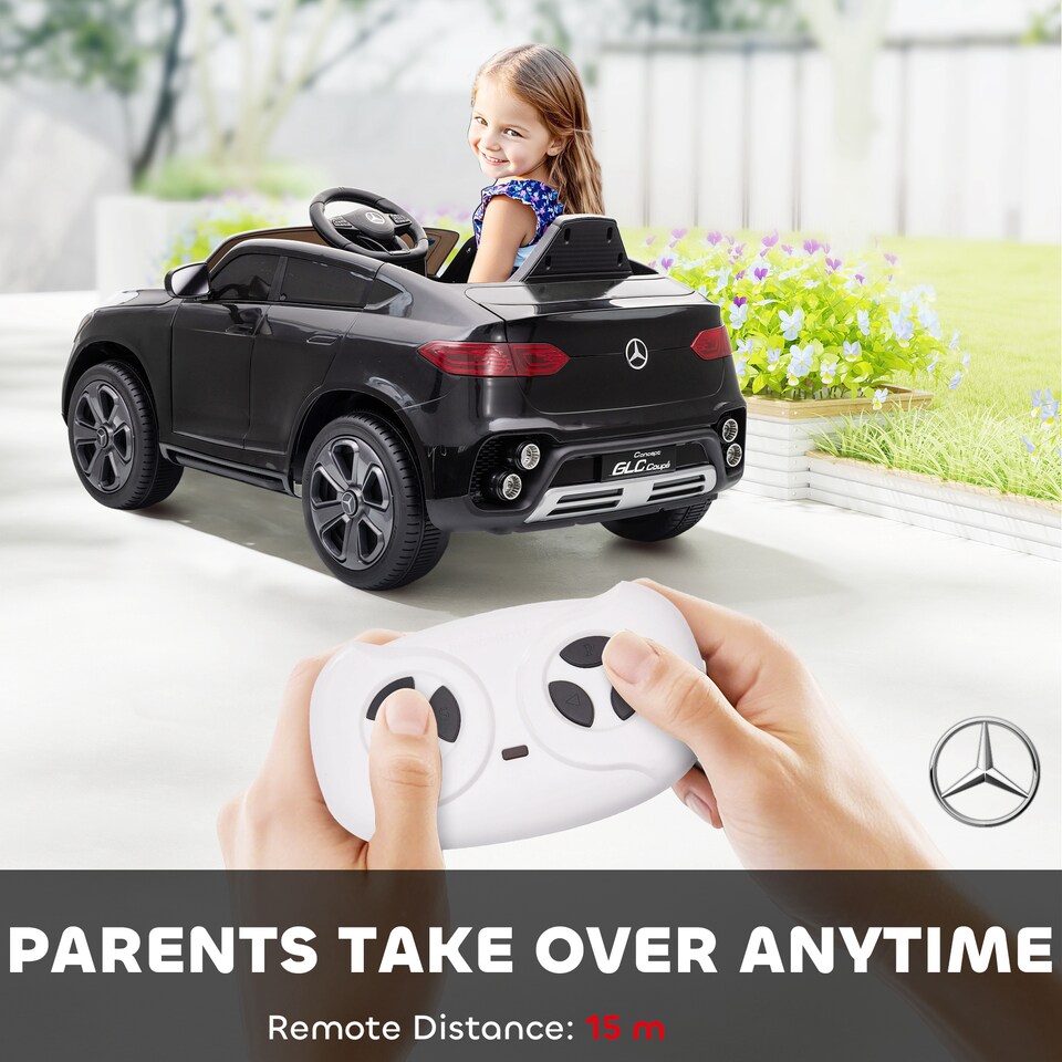 image 1 of AIYAPLAY Mercedes-Benz GLC Coupe Licensed Kids Ride on Car, 12V Battery Powered Kids Electric Car with Remote Control, Soft Start, LED Light, Music, MP3, 3 Speed, for 3-6 Years | Black