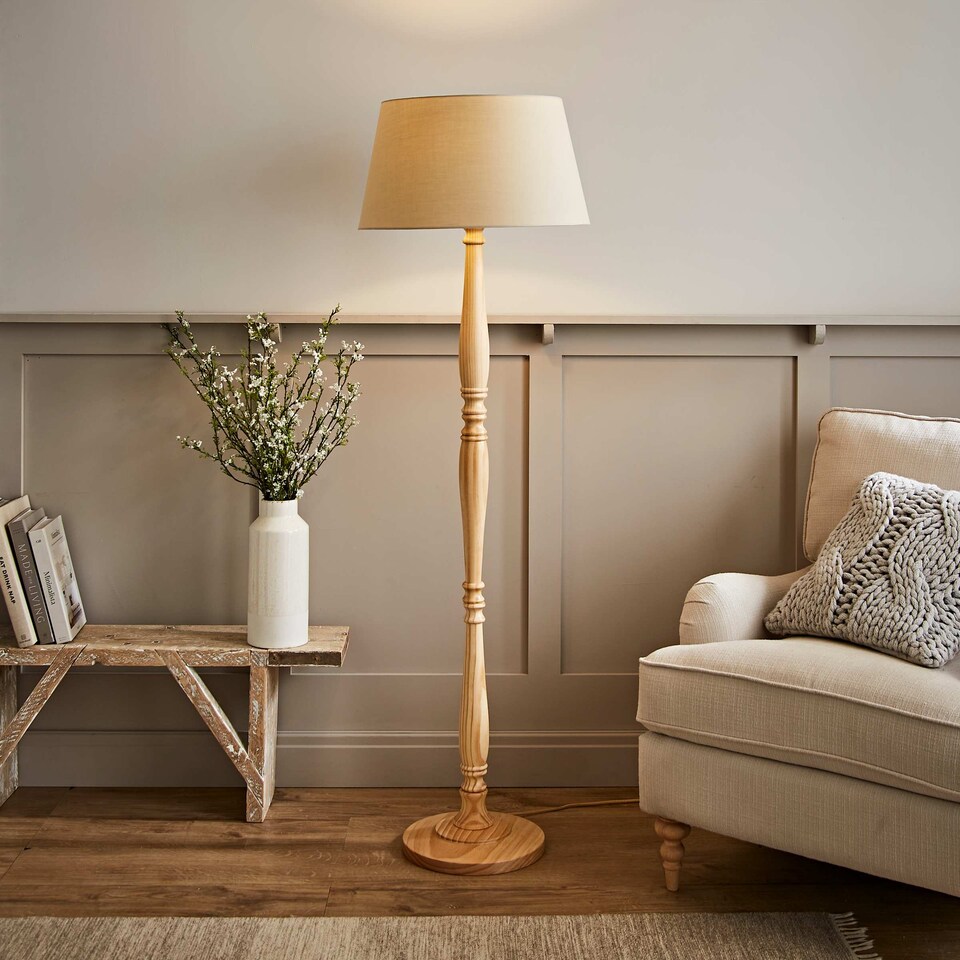 image 1 of ValueLights Victoria Light Wood Traditional Stem Floor Lamp with Beige Fabric Tapered Shade