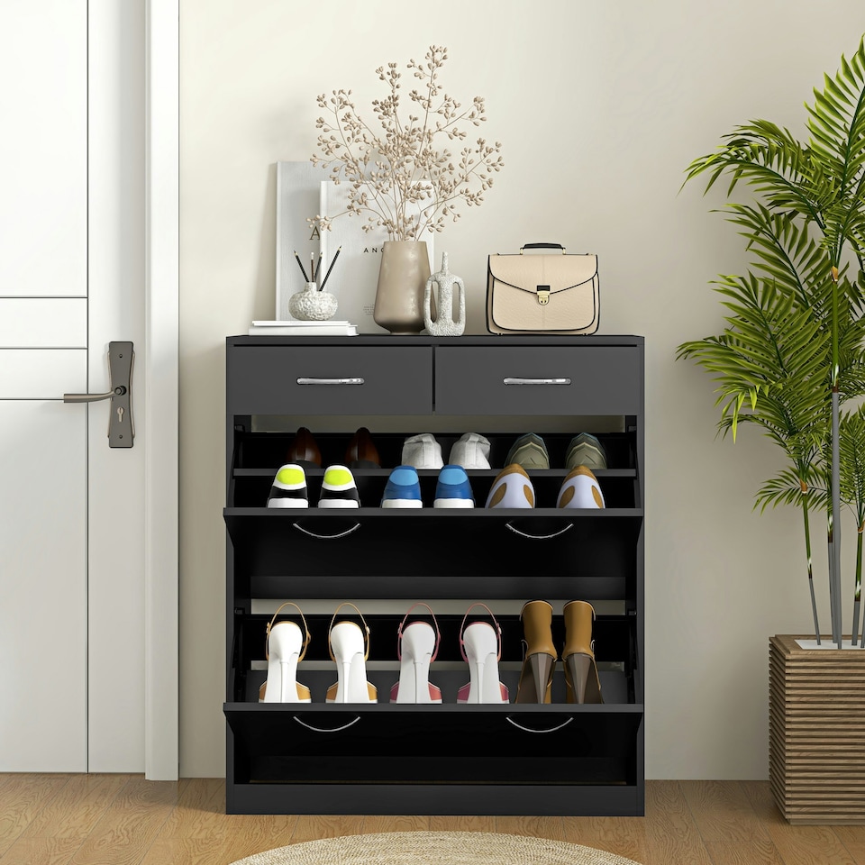 image 1 of HOMCOM Slim Shoe Cabinet with 2 Flip Drawers for 12 Pairs of Shoes Black 