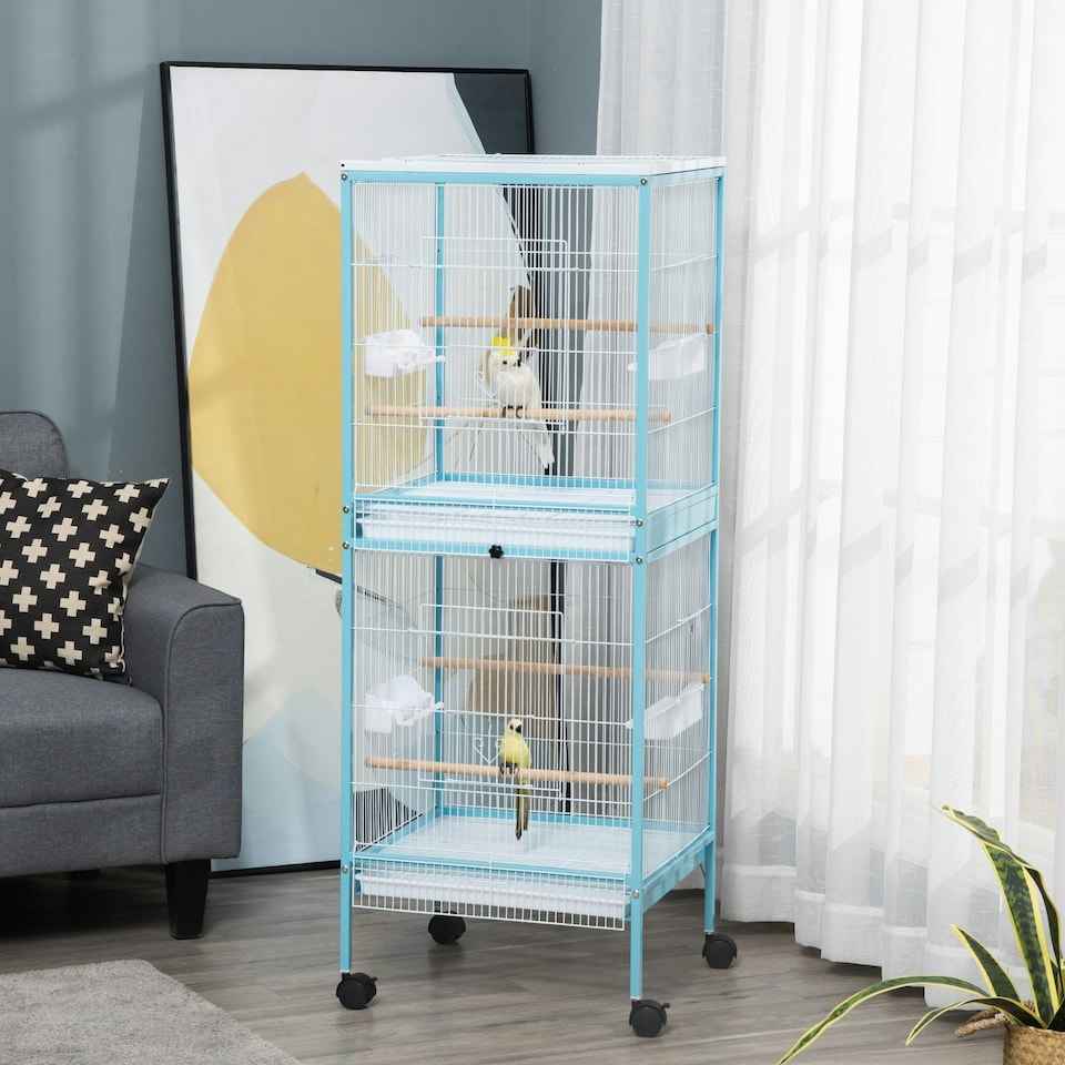 image 1 of PawHut 2 In 1 Large Bird Cage Aviary with Wheels, Slide-out Trays Wood Perches