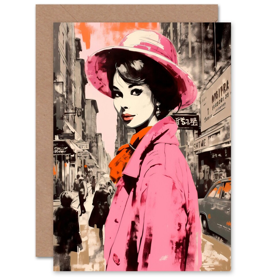 image 1 of Retro Aesthetic Vintage Fashion Woman Downtown Skyline Greeting Card