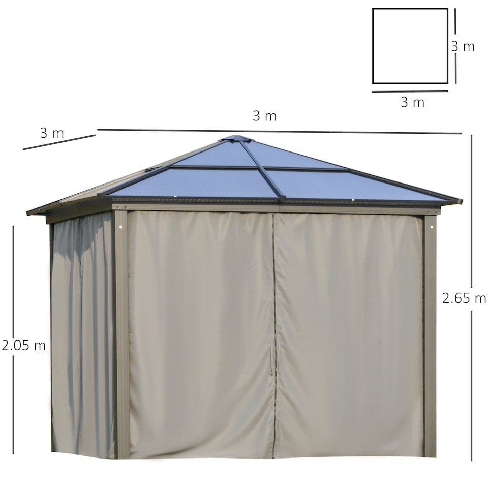 image 1 of Outsunny 3 x 3m Hardtop Gazebo Canopy with Polycarbonate Roof, Aluminium Frame, Permanent Pavilion Garden Gazebo with Netting and Curtains for Patio, Deck, Dark Grey