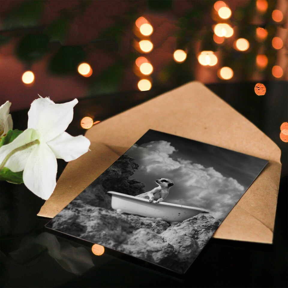 image 1 of Meerkat in Bathtub Surreal Bath Time Black White Birthday Greeting Card