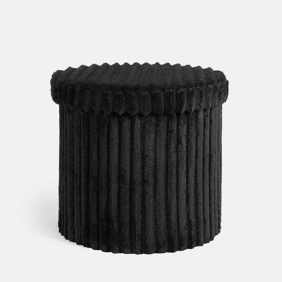 image 1 of OHS Soft Fleece Ribbed Round Foldable Footstool Seat Storage Organiser Ottoman Black