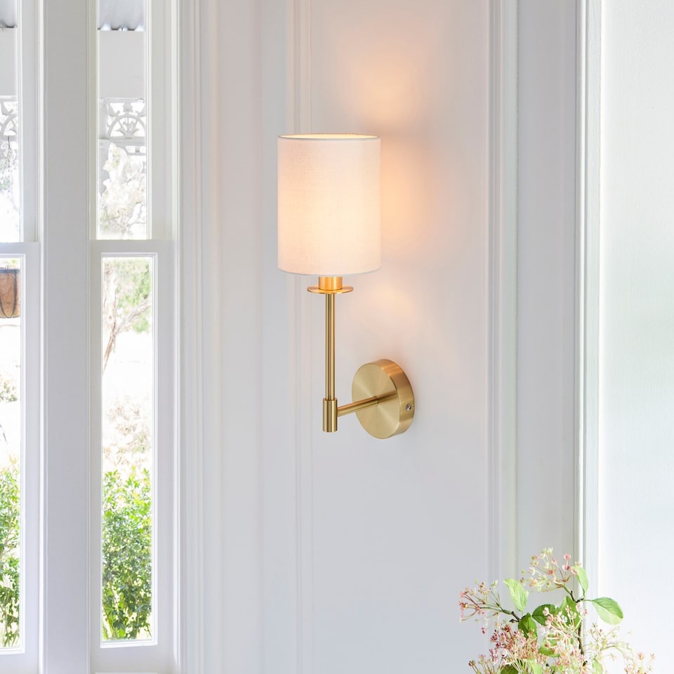 image 1 of Sancerre Wall Lamp with Shade Satin Brass Plate, Vintage White Fabric, 1x E14