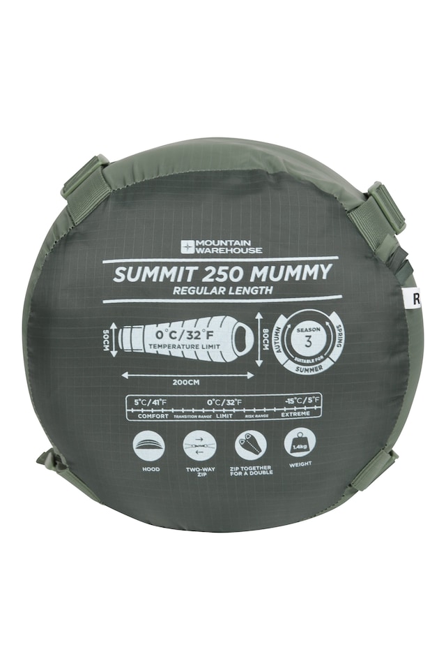 image 1 of Mountain Warehouse Summit 250 Mummy Sleeping Bag Insulated 3 Season Camping Hiking Bed