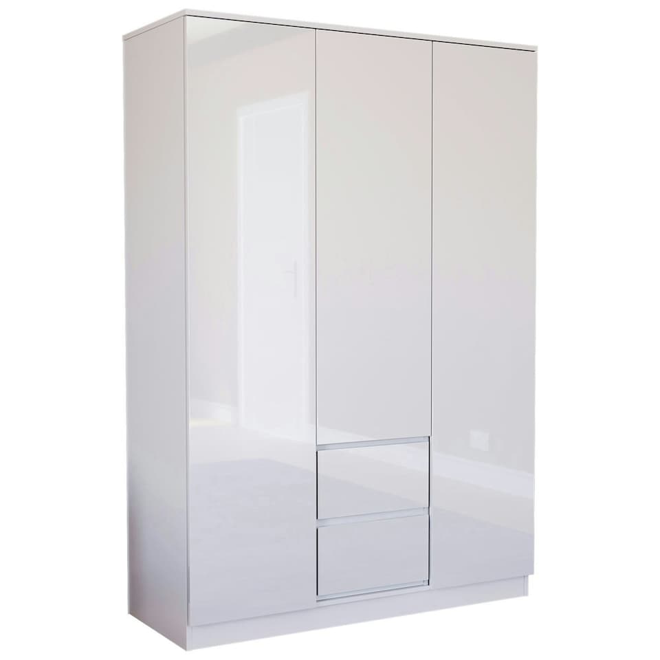 image 1 of Vida Designs Glinton 3 Door 2 Drawer Wardrobe High Gloss Doors With Shelf & Clothes Rail, 100% FSC, White