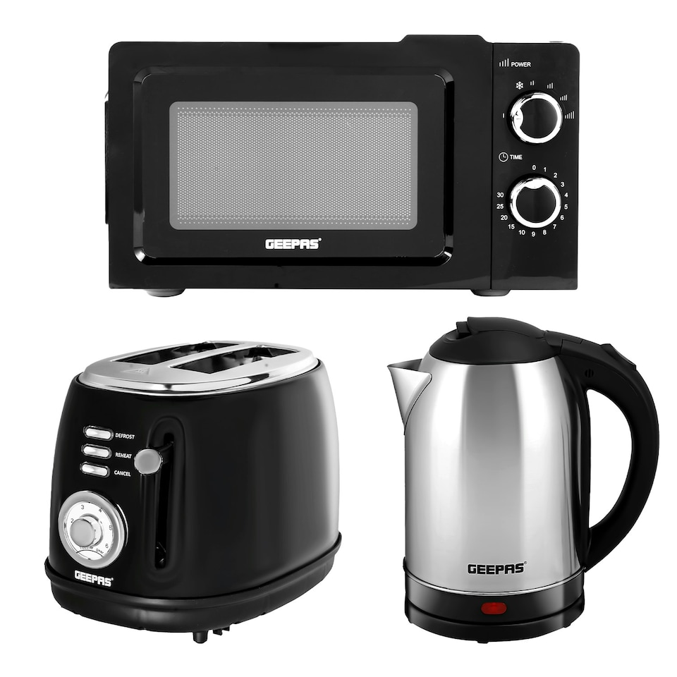 image 1 of GEEPAS Electric Kettle 2 Slice Bread Toaster & Microwave Kitchen Set | Black