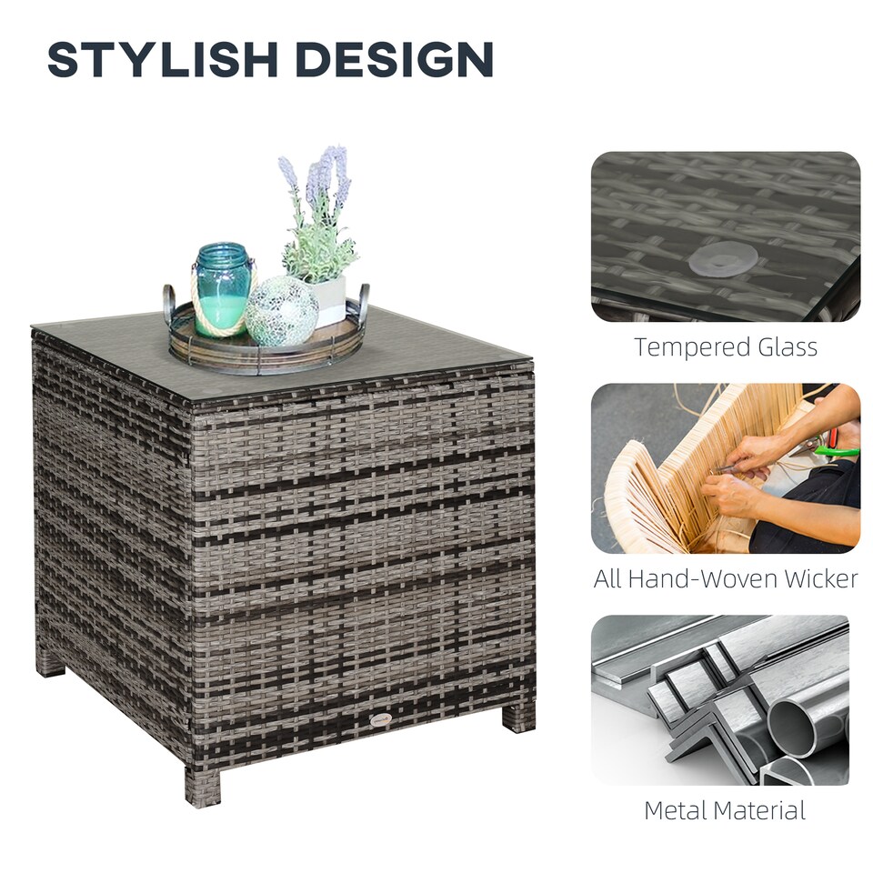 image 1 of Outsunny Patio PE Rattan Side Table, Square Outdoor Coffee Table w Tempered Glass Top, Mixed Grey