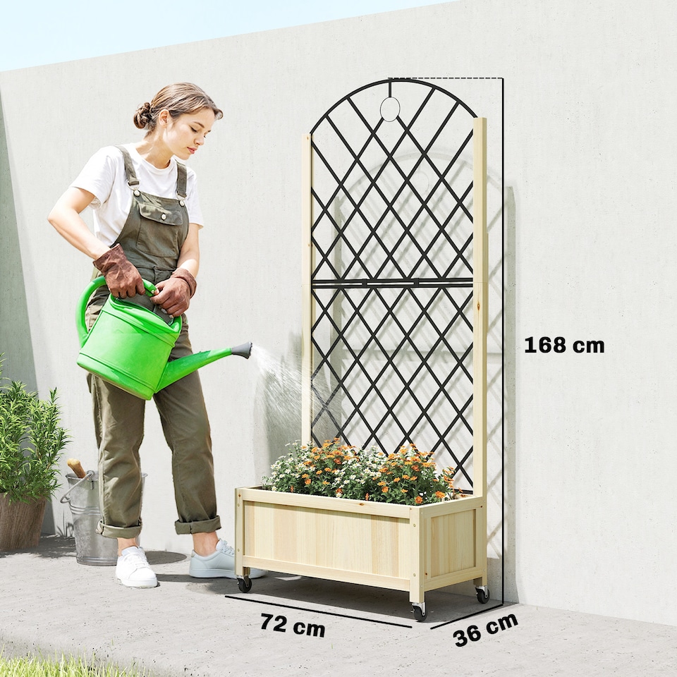 image 1 of Outsunny Garden Bed w/Metal Trellis, Wooden Elevated Planter Box, Natural | Brown | Natural wood | 72W x 36D x 168H cm