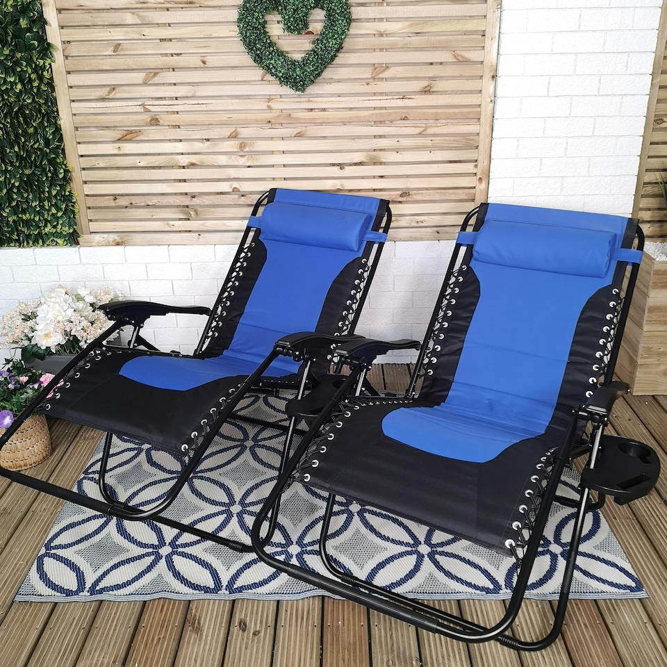 image 1 of Set of 2 Luxury Padded Multi Position Zero Gravity Garden Relaxer Chair Lounger in Blue & Black