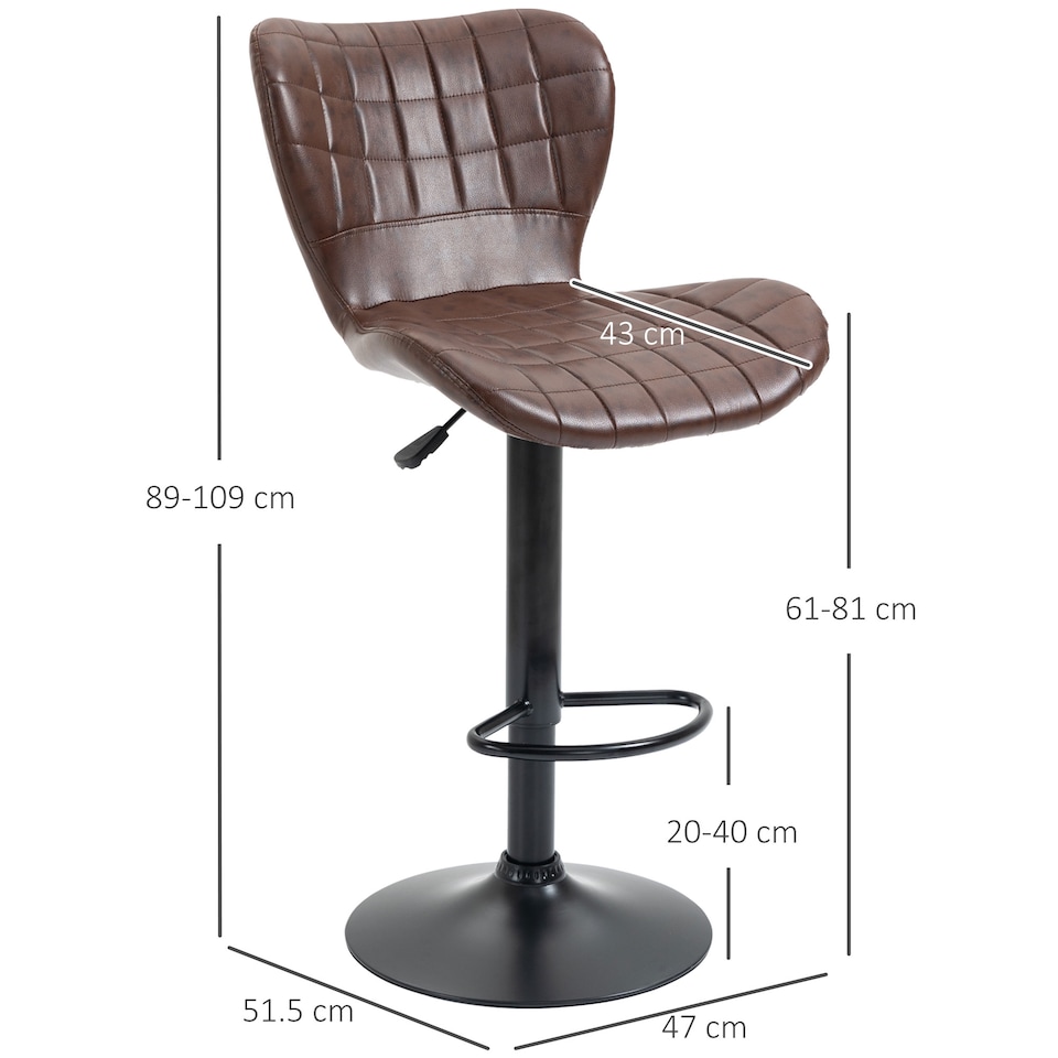 image 1 of HOMCOM Bar Stools Set of 2 Adjustable Height Swivel Bar Chairs in PU Leather with Backrest & Footrest, Brown