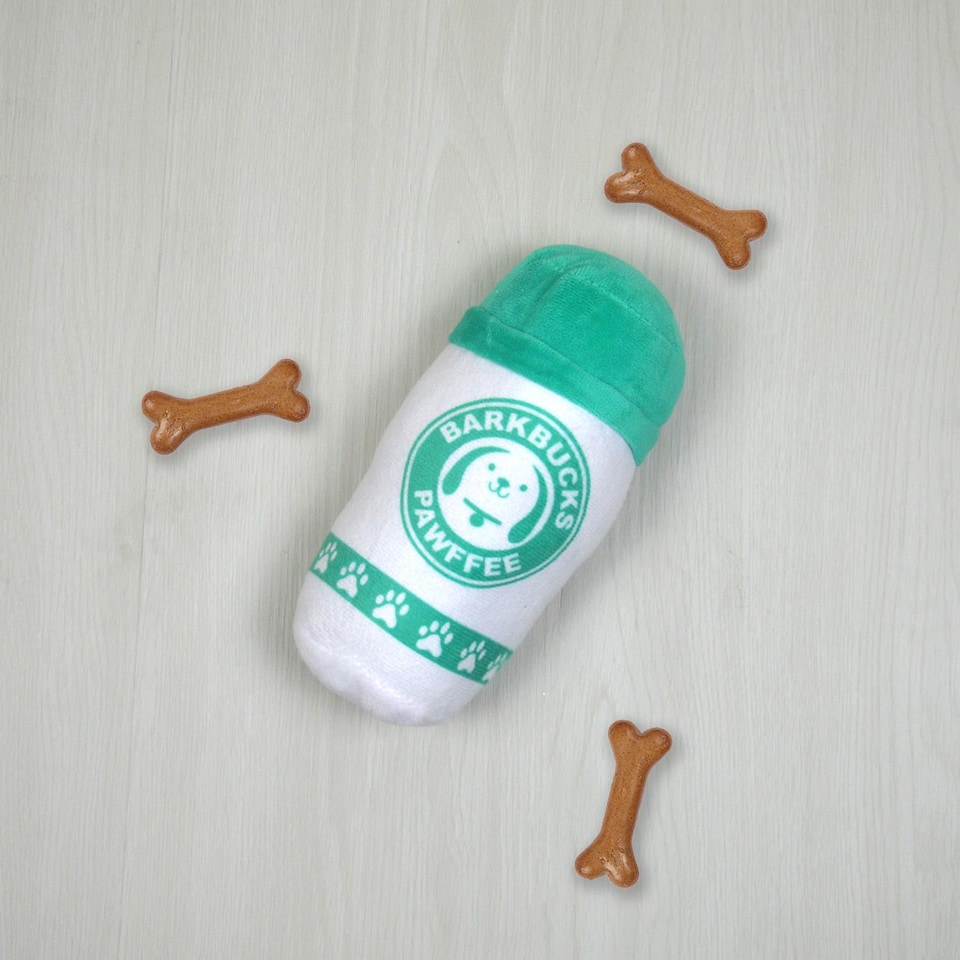 image 1 of Barkbucks Plush Novelty Dog Toy Squeaky Coffee Inspired Puppy Christmas Birthday Present Pup Cup Puppaccino