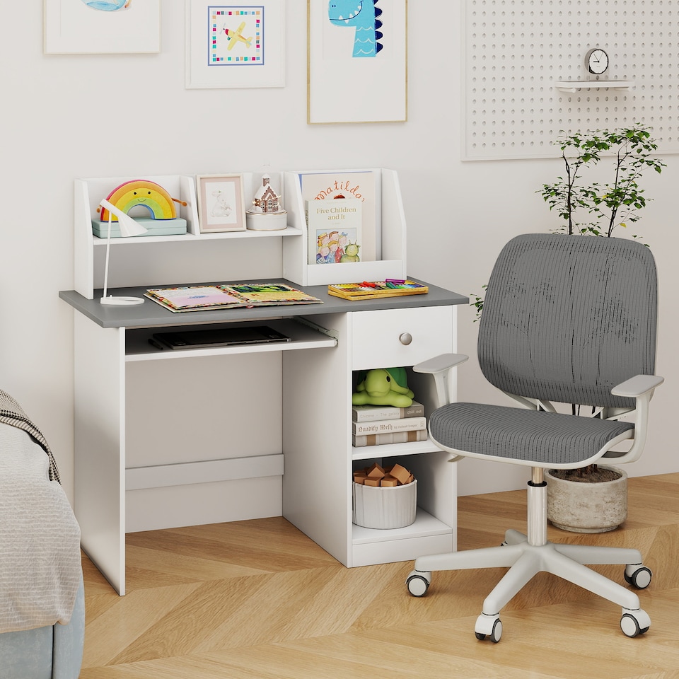 image 1 of COSTWAY Kids Study Desk Wooden Writing Table with Keyboard Tray & Drawer-Grey