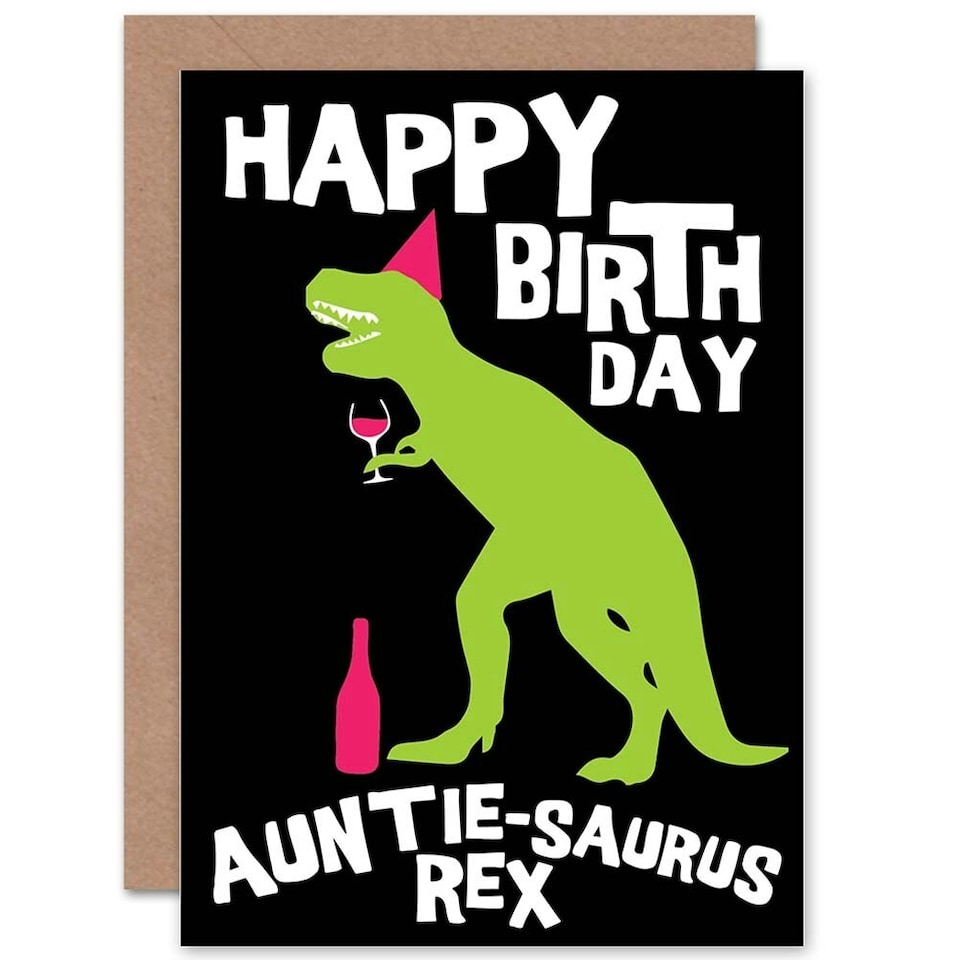 image 1 of Wine Dinosaur T-Rex Auntie Fun Aunt Funny Birthday Card