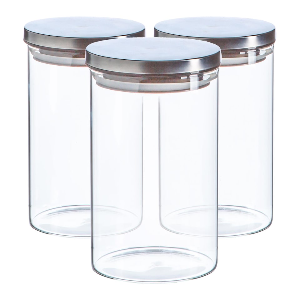image 1 of Argon Tableware Glass Storage Jars - Silver Lid - 1 Litre - Modern Round Scandi Organisation Container Glass Jar - Set of 3