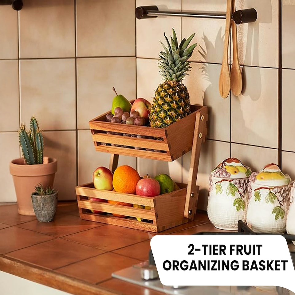 image 1 of Two-Tier Wooden Vegetable Basket & Fruit Storage Rack – Freestanding Countertop Food Storage Bowl for Kitchen Organisation