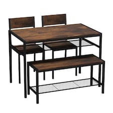 4 Pcs Set Dining Room Table Metal Frame with 2 Matching Chairs and Bench Kitchen | Multi | Rustic Brown
