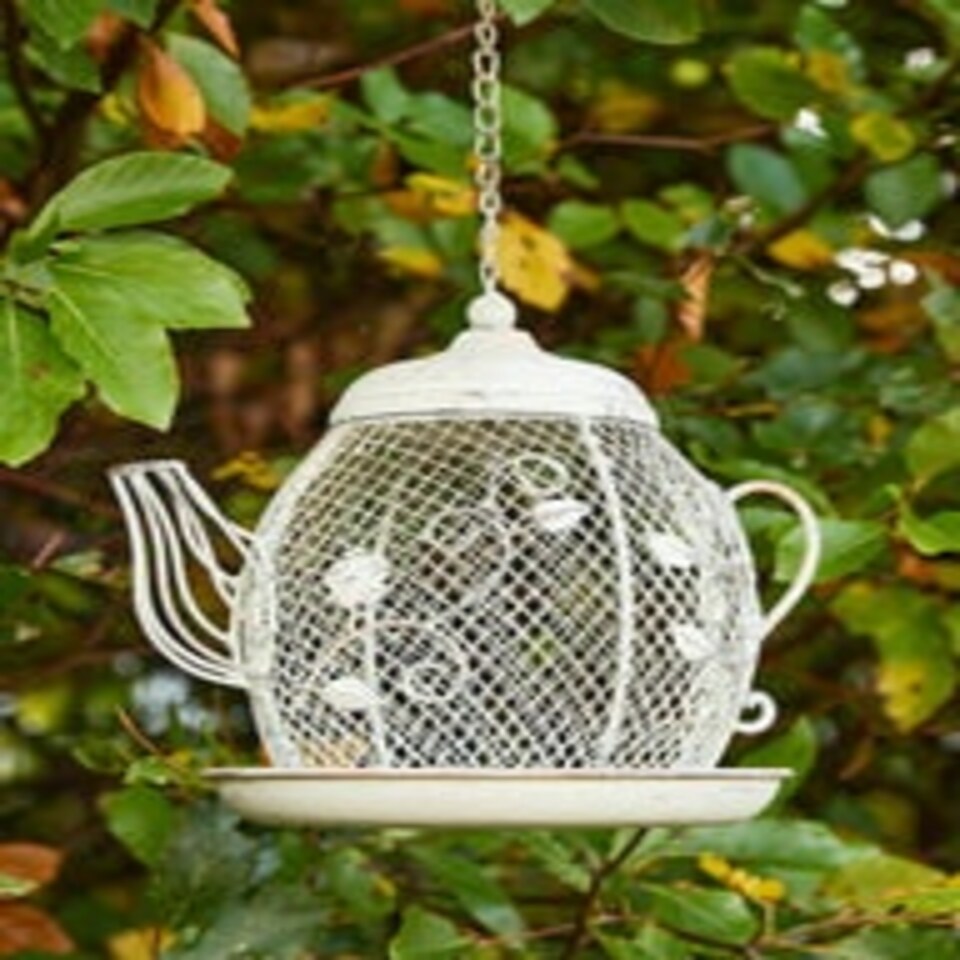 image 1 of Hanging Teapot Bird Feeder White